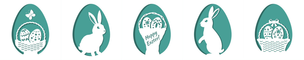 White Bunny, basket into Easter Egg and butterfly. Vector illustration.