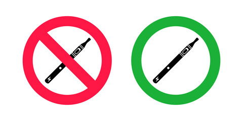 No vaping and vaping area signs. Red forbidden and green allowed circles signs icon isolated on white background vector illustration. Vape and smoke prohibition and green access circles set.