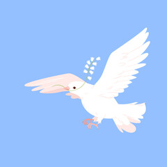 White pigeon flying with twig, world symbol of hope and peace vector illustration. Cartoon dove holding branch of flowers in flight isolated on blue background. International day of peace concept
