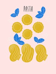 Pasta and pepper simple illustration. Ingredients for cooking. Pasta, noodles, vegetables abstract still life illustration for your design. Minimalist art for logo, posters, wall art