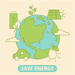 Save energy. Vector flat illustration of planet earth and energy conservation. Environment icons. Preserve nature. Save world. Ecology banner. EPS10