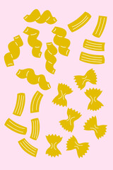 Pasta vector cartoon flat illustration. Icons Italian pasta simple style for your design. Cooking ingredients set. Food vector illustration. Cooking Italian snacks hand drawing. 