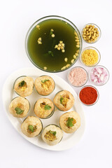 Panipuri or Golgappa is a popular street snack from India. It's a round, hollow puri filled with a mixture of flavoured water and other chat items