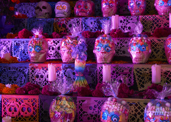 Closeup of decorative skulls, Alfenique. Day of the Dead, Mexico.