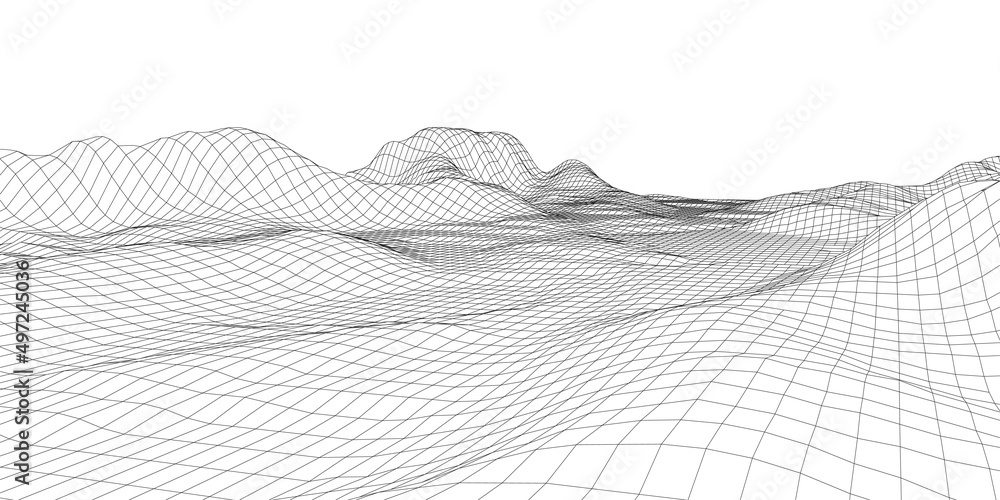 Poster digital wireframe landscape. wireframe terrain polygon landscape design. digital cyberspace in mount