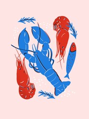Lobster and shrimp on a rosemary background illustration. Scandinavian style illustration. Wine tasting and seafood set poster. Food useful motivation poster in trendy flat style.