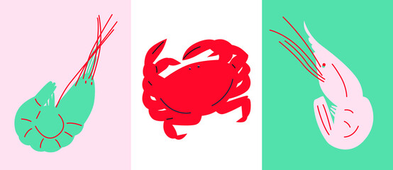 Seafood flat abstract illustration. Crabs, fish and lobster vector. Seafood abstract set icon. Great for flyer, web poster, natural products presentation templates, cover design