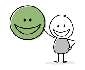 Happy cartoon businessman with emoticon icon. Vector