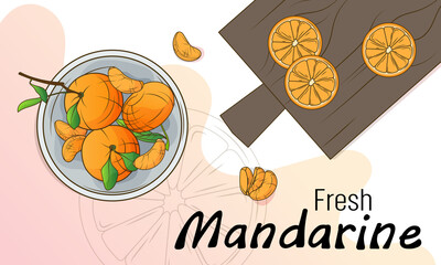 Hand-drawn vector illustration of background with tangerine, cutting board, tangerine slice, plate with mandarins. Background for design of poster, banner, card, website. Cartoon style.