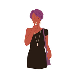 Young woman smoking electronic cigarette vector illustration. Cartoon beautiful girl in stylish black dress vaping, female smoker holding vapor isolated on white. Lifestyle, addiction concept