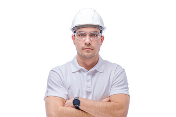 portrait of man architect, builder in white T-shirt, helmet and glasses on white background