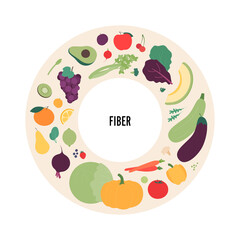 Food illustration. Vector flat design variation of different fiber sources product symbol in circle frame isolated on white background.