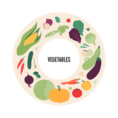 Food illustration. Vector flat design variation of different vegetables symbol in circle frame isolated on white background.