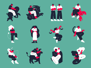 Zodiac set signs vector illustration in cartoon style. Man and woman characters. Constellation zodiac icons. People characters zodiac art.