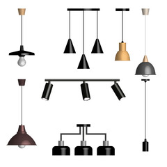 Set of various 3D lamps and fixtures. Front view, vector illustration.