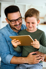 Distance learning, online education, home work concept. Family with digital devices at home.