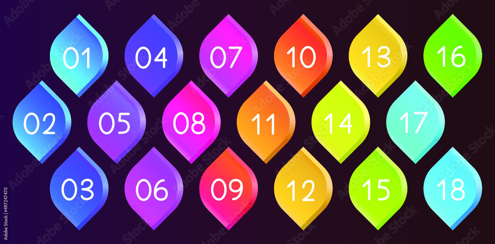 Poster bullet icons with numbers vector set. gradient bullet points, isolated on a dark background. 3d rend