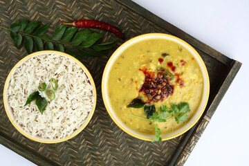 Indian popular food Dal fry or traditional Dal Tadka Curry or yellow lentil curry served with jeera...