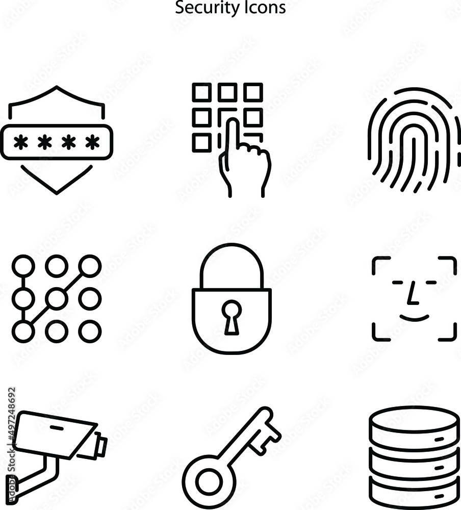 Poster security icons set isolated on white background. security icon thin line outline linear security sym