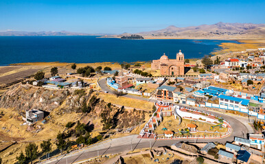 View of Pomata town above Lake Titicaca near Puno in Peru