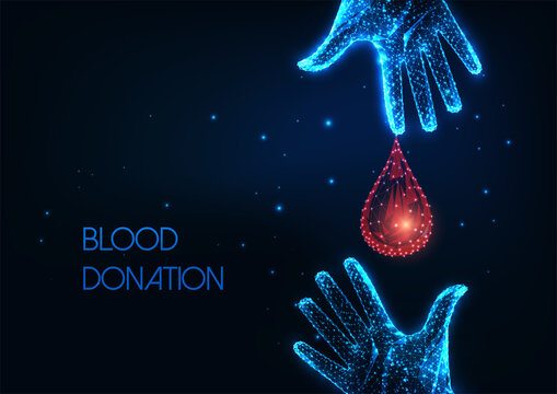 Futuristic blood donation concept with glowing low poly donor and recipient hands and blood drop