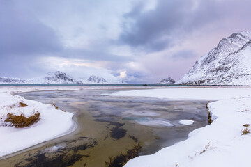 River arriiving to snowed beach