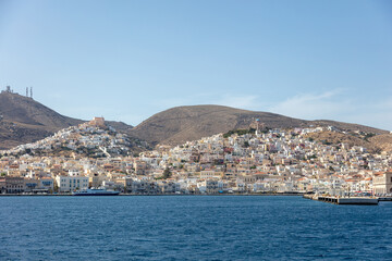 Fototapeta na wymiar Ermoupoli Syros island Cyclades, Greece. Cityscape, waterfront building, view from the sea.