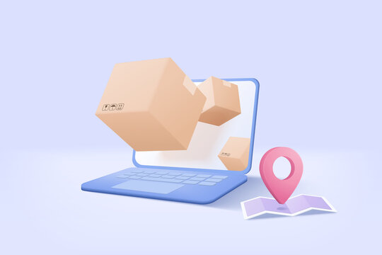 3D online deliver service, delivery tracking laptop, pin location point marker of map for shipment concept. Product shipping packing come out from notebook. Logistic icon 3d vector render illustration
