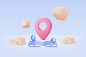 3D online deliver service, delivery tracking location, pin location point marker of map for shipment concept. Product shipping packing out from map. Logistic icon 3d vector render illustration