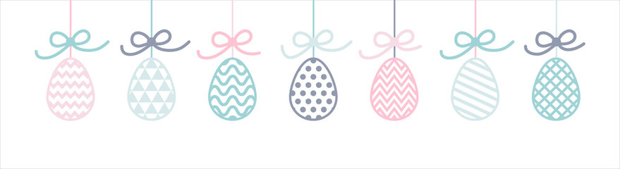 Design of an Easter banner with hanging eggs. Vector