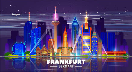 Frankfurt night skyline. Germany. Vector illustration. Image for presentation, banner, web site. - obrazy, fototapety, plakaty