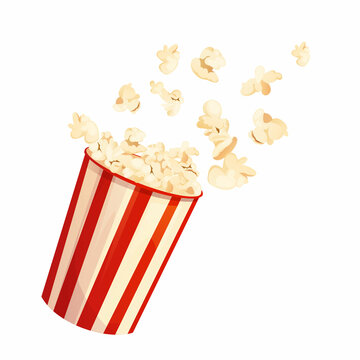 Flying popcorn in striped red box. Cartoon vector illustration.