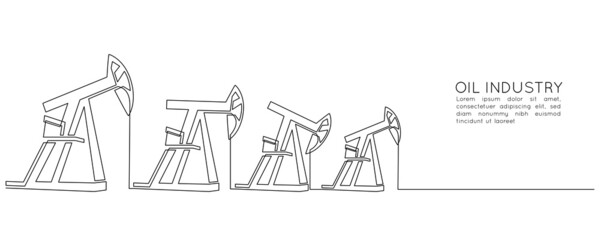 Oil pumps jacks platforms of One continuous line drawing. Drilling rigs petroleum production and trade industry in simple linear style. Non-renewable energy concept. Doodle Vector illustration