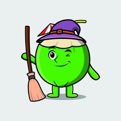 Cute cartoon witch shaped Young coconut character with hat and broomstick