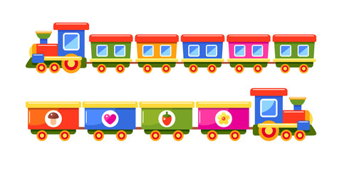 Toy trains set. Locomotives with freight and passenger wagons. Vector colorful illustrations isolated on white background