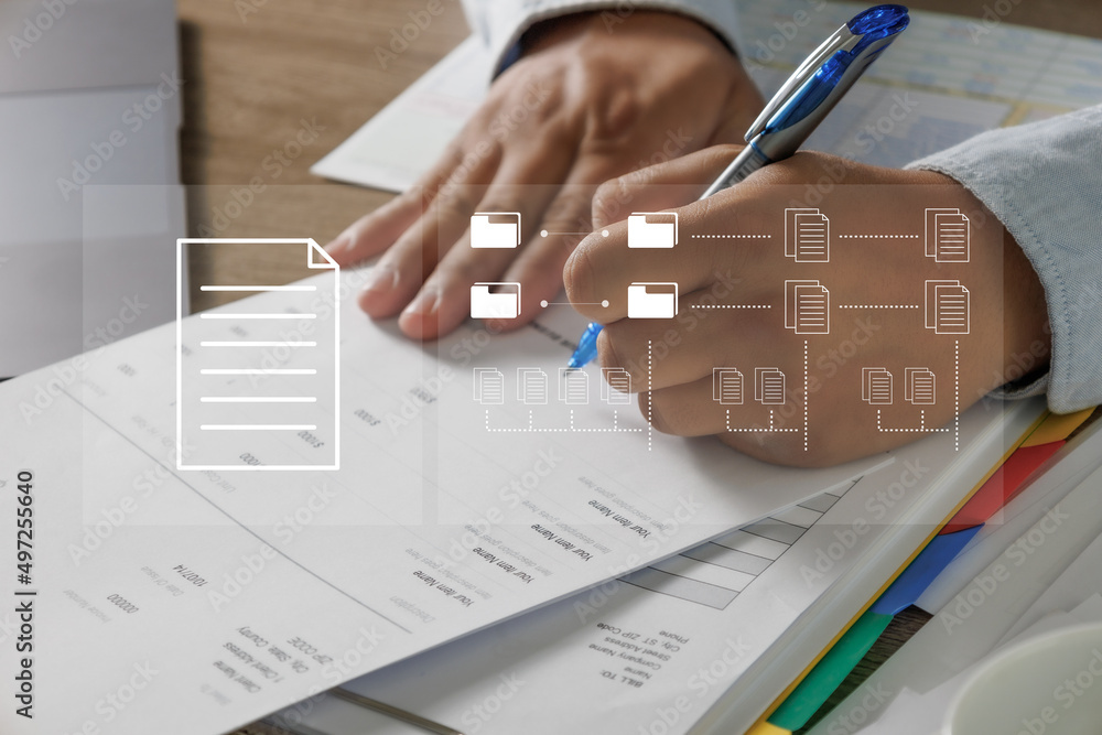 Poster businessman working reading documents graph financial to job succes analyze document plans and onlin