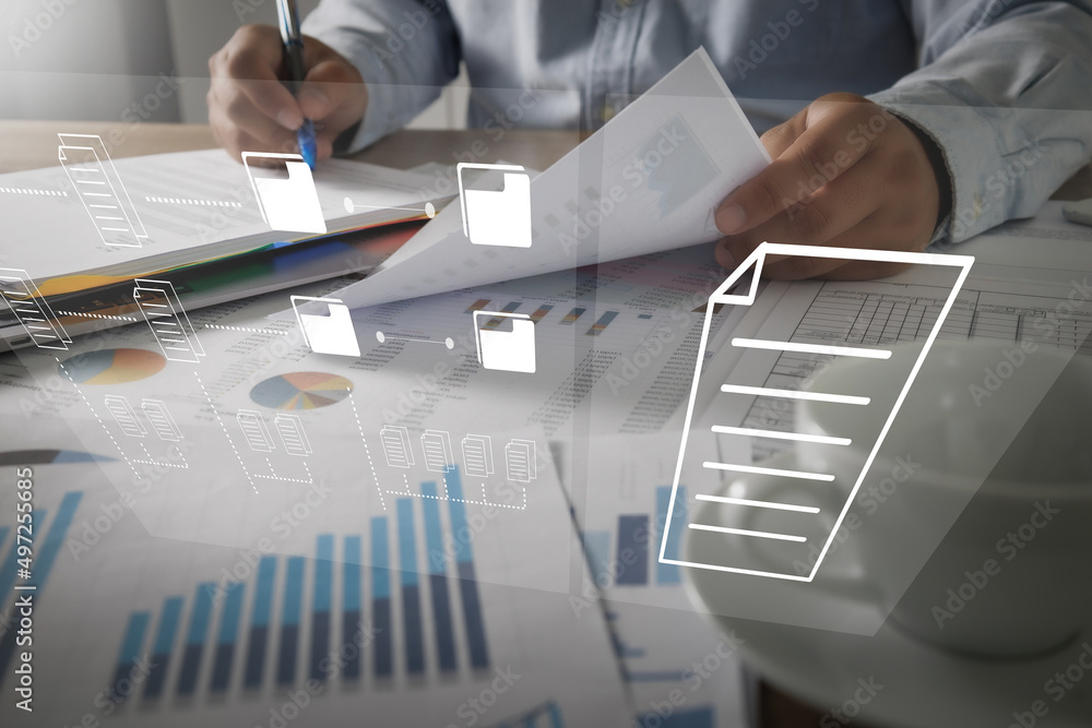 Aufkleber businessman working reading documents graph financial to job succes analyze document plans and onlin