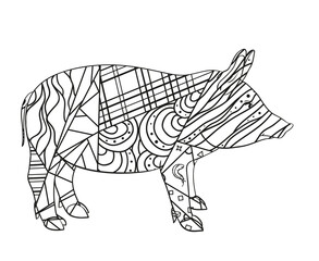 Pig on white. Hand drawn animal with intricate patterns on isolated background. Design for spiritual relaxation for adults. Image for banner, flyer and textile. Zen art. Zentangle