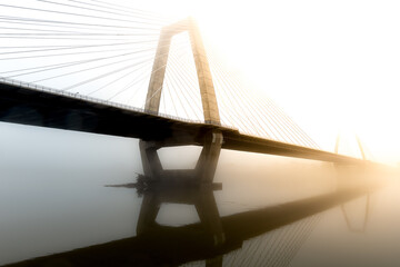 View of Lewis and Clark bridge over the Ohio river in foggy morning