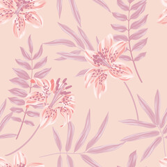 Gently floral print, seamless pattern with tropical plants in pastel pink colors. Romantic botanical background with exotic lily, various leaves. Vector illustration.