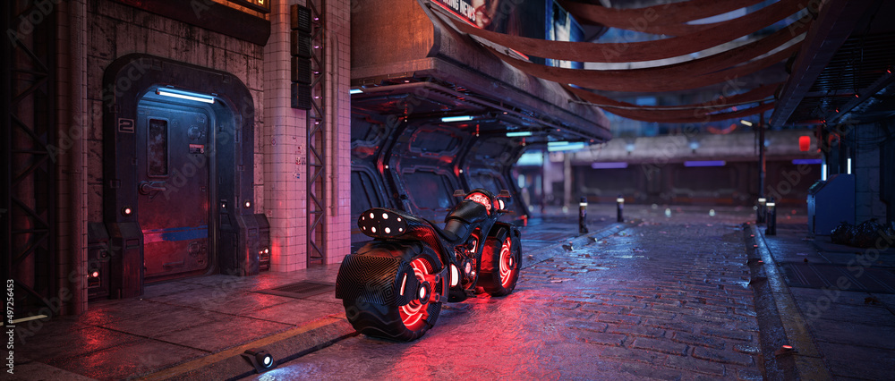 Poster futuristic cyberpunk motorcycle in a dark dystopian city street. 3d rendering with shallow depth of 