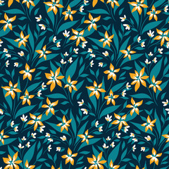 Naklejka na ściany i meble Decorative floral background, seamless pattern with simple painted plants, small flowers and leaves, twigs on a blue field. Vector illustration.