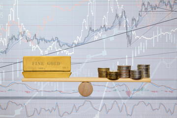 The cost of gold in the metal market. The balance of gold bars and coins on the background of...