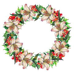 Wreath from watercolor  flowers lily with red flowers on white background.