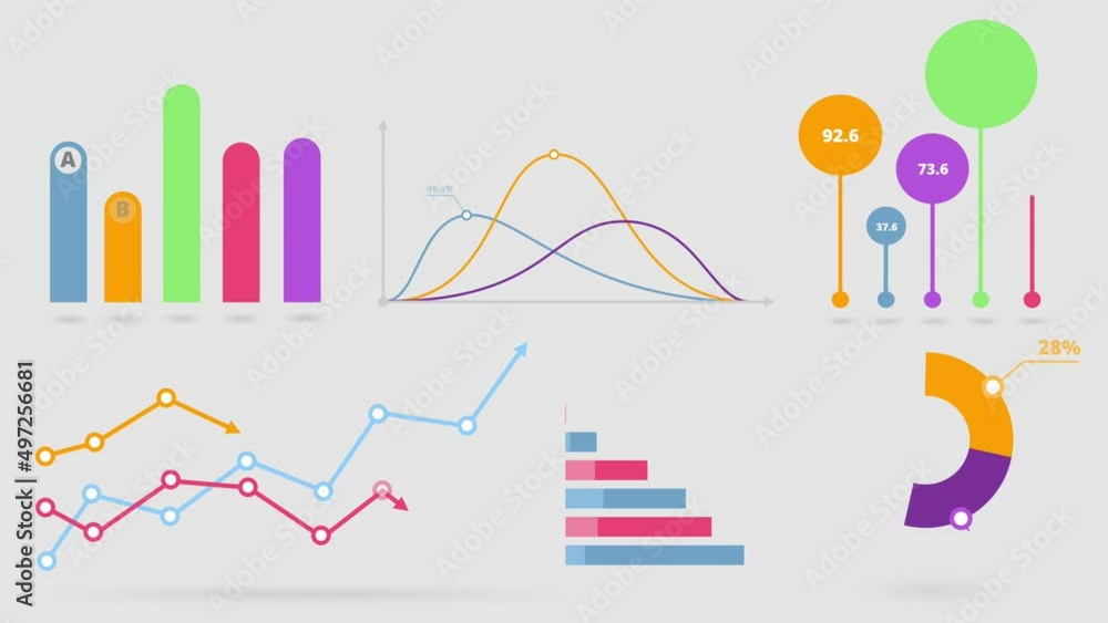 Poster set of animated infographic elements for business presentation. colourful diagrams, graphs and chart