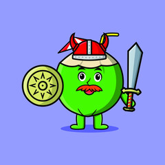 Cute cartoon character Young coconut viking pirate with hat and holding sword and shield in cute modern style design 