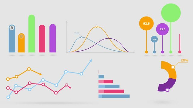 Set of animated infographic elements for business presentation. Colourful diagrams, graphs and charts layout. 4K flat design animation.