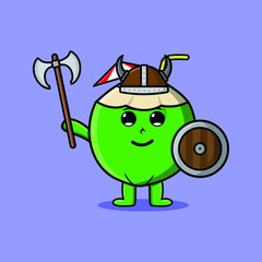 Cute cartoon character Young coconut viking pirate with hat and holding ax and shield in modern design 