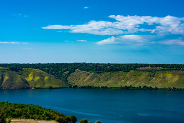Landscape of beautiful River Dnister with Rocky Mountains in Bakota, Ukraine. Summer Travel serene minimalistic view . 