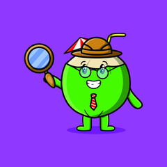 Cute cartoon character Young coconut detective is searching with magnifying glass and cute style design 